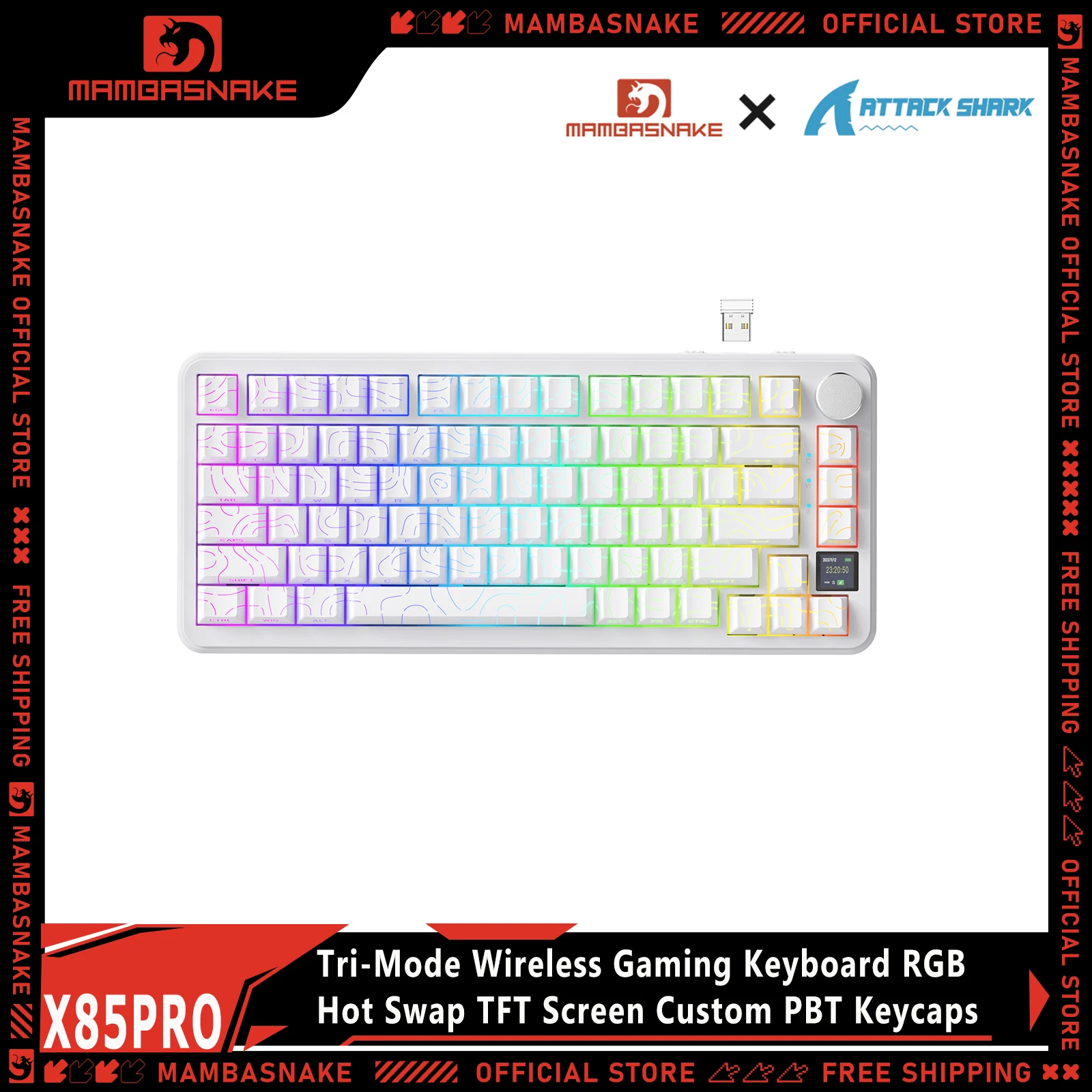 

ATTACK SHARK X85PRO 75% Gasket Mechanical Tri-Mode Keyboard PBT Side-Engraved RGB Hot Swap TFT Screen Custom Keyboard