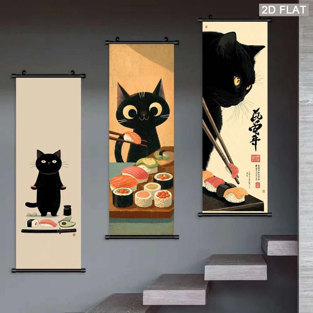 VIKAMA Cute Black Cat Sushi Roll Scroll Tapestry, Japanese Kitten Wall Art, Wall-Mounted Poster for Kitchen Dining Room Decor