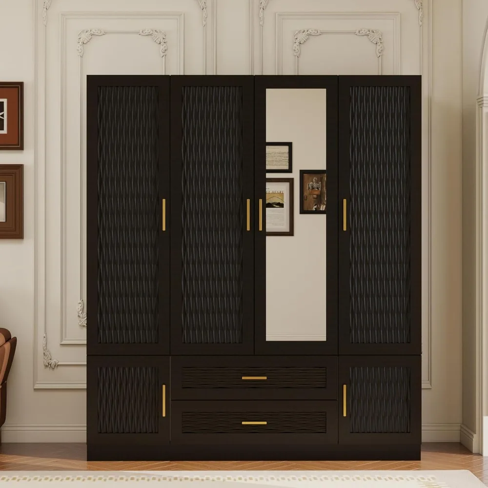 

4Doors Wood Armoire Wardrobe Closet: Black Armoire Hanging Rod 2 Drawers & Mirror Shelves Large Wardrobe Closet Cabinet for Bedr