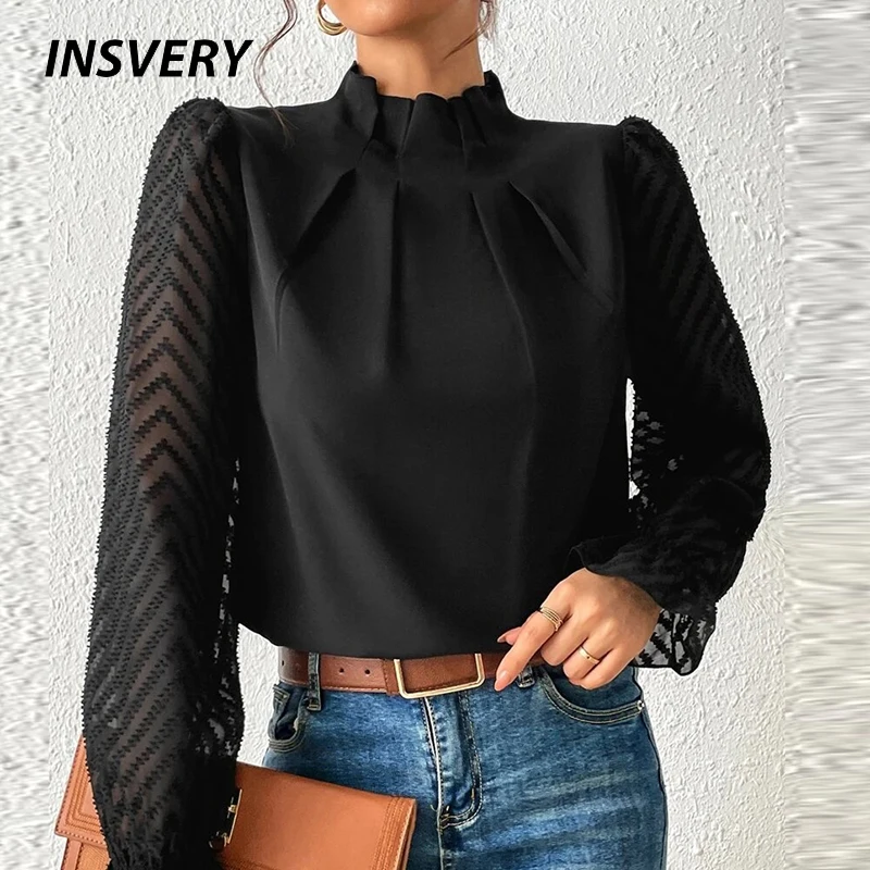 

Fashion Women Shirt Turtleneck Long Sleeve Chiffon Blouses For Women Autumn Casual Mesh Patchwork Pullover Tops