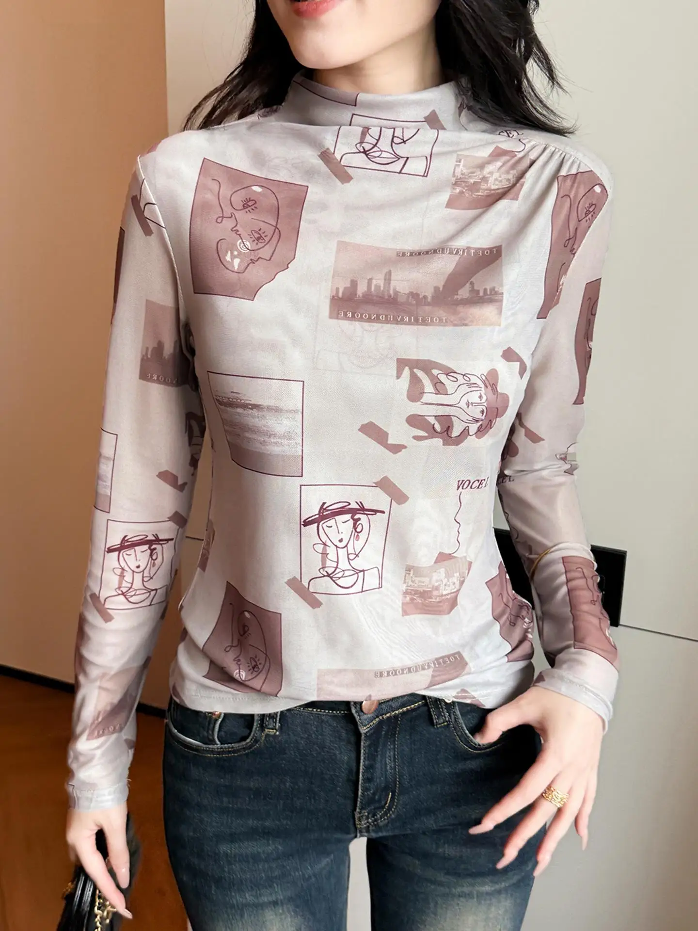 패셔너블 프린트 롱 슬리브 하이 칼라 여성용 가을 겨울 슬림 핏 슬리밍 이너웨어 탑 트렌디