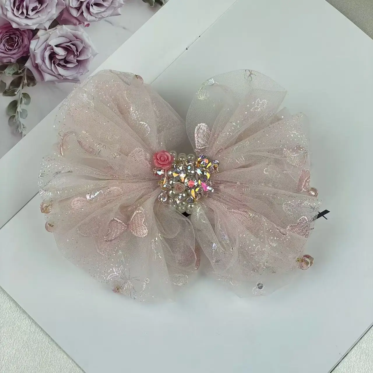 Horquilla original resistente con satén, diamantes de imitación, lazo de malla, accesorio para el cabello con clip de resorte elegante y dulce