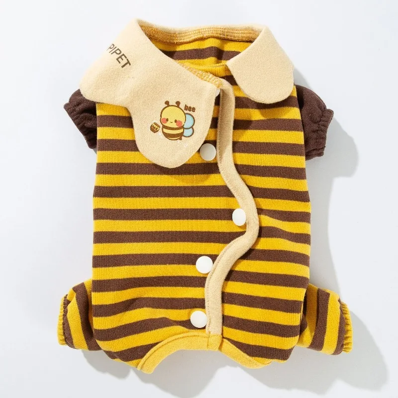 

Winter Dog Jumpsuit Four Leg Belly Cover Recovery Suit Striped Bee Warm Stretch Pajamas For Small Dogs Bichon Poodle Teddy Comfy