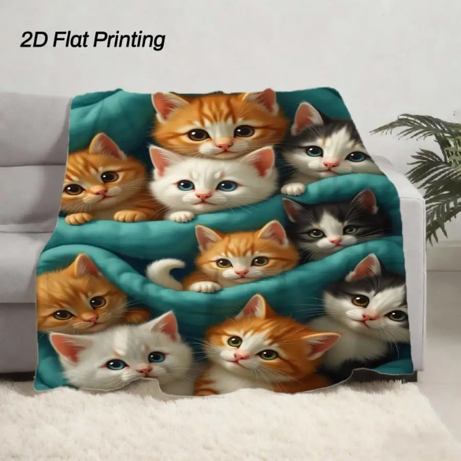 1pc Cozy Kitten Cluster Weighted Blanket - Soft Teal Throw Suitable for All-Season Use with Adorable Orange, White & Black, Painterly Style Flannel Bedspread for Home,, Camping, Machine Washable Gift for Lovers