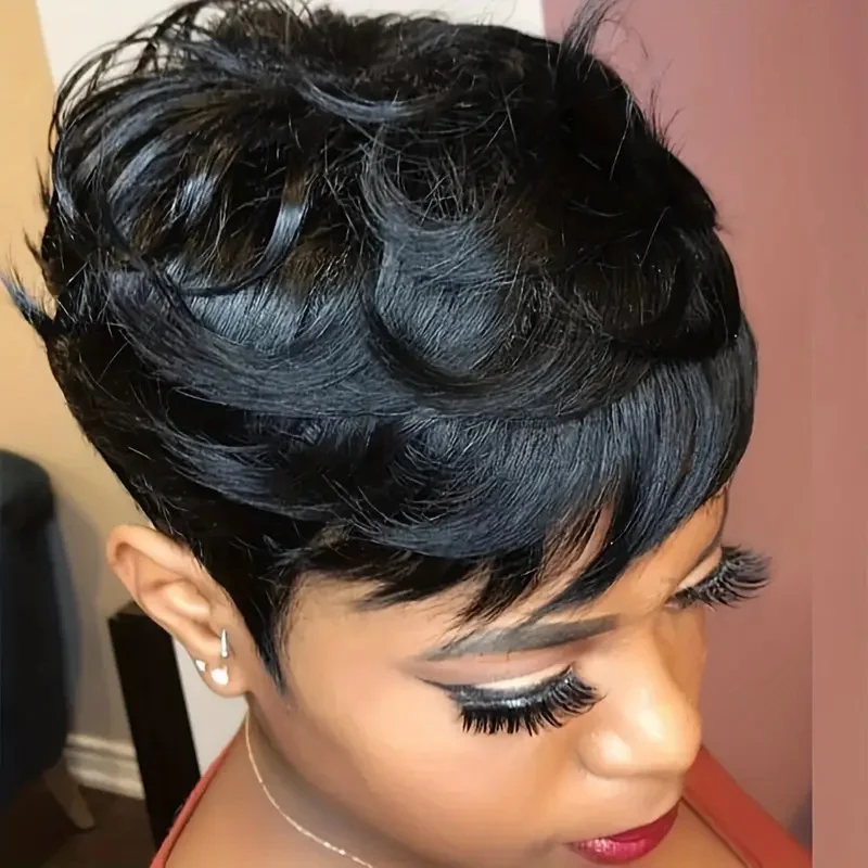 

1B Цвет Короткий парик из натуральных волос с стрижкой пикси для женщин Вьющийся многослойный парик машинного производства с челкой