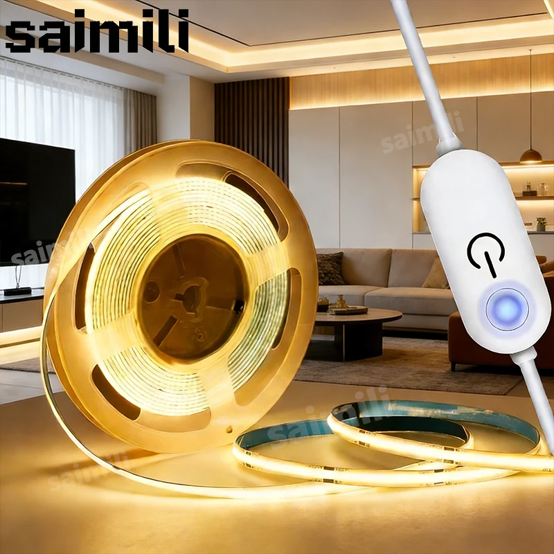 1-5M USB Power COB LED Strip Light Touch Switch Dimmable For Indoor Lighting Living Room Bedroom Wardrobe TV Background Kitchen
