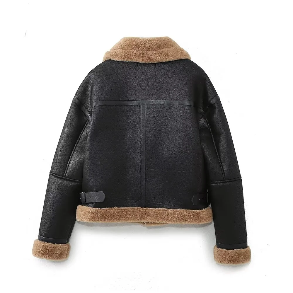 2025 Winter New Women's Casual Fashion Simple Versatile Reversible Short Collar Long Sleeve Jacket Leather Coat
