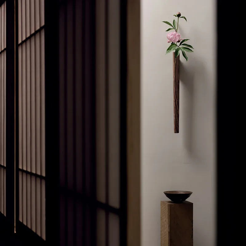 Wall Mounted Black Walnut Dried Flowers Vase Japanese Hanging Planter Housewarming Gift for Living Room Rustic Wooden Wall Decor