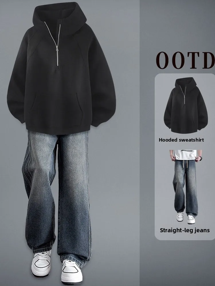 سترة بغطاء للرأس ثقيلة الوزن من American Sle Jaet للرجال للخريف والشتاء بياقة عالية وأرجل مستقيمة طقم جينز متطابق مع سحاب De... #2