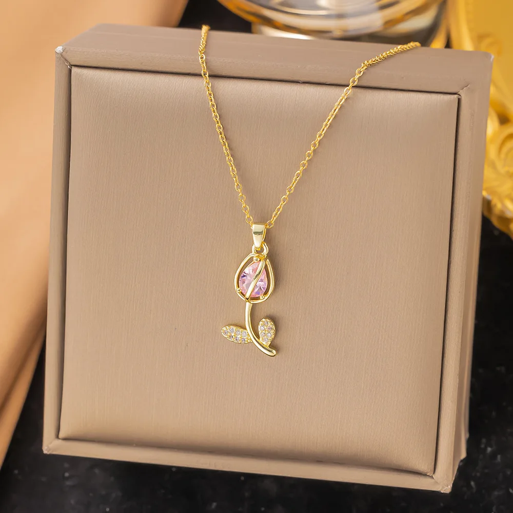 Fashionable Tulip Shaped Zircon Necklace for Women in Titanium Steel Material