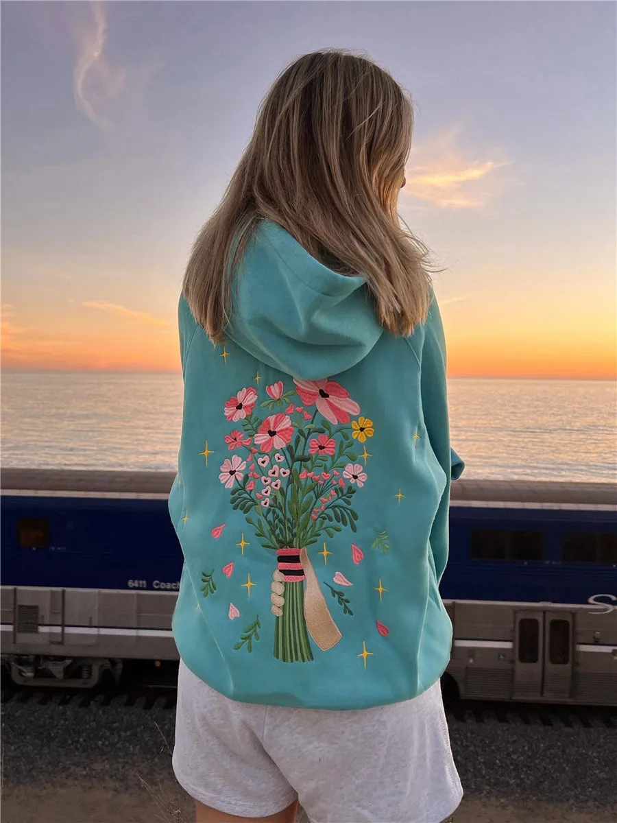 Women Zip Up Hooded Hoodies Spring Fall Casual Loose Long Sleeve Floral Embroidered Sweatshirts with Pockets Oversized Coat Y2K