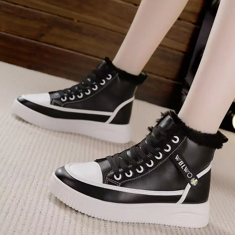 

Женские зимние новые кожаные ботильоны из хлопка на толстой подошве, нескользящие, с круглым носком, плюшевые, теплые, водонепроницаемые, повседневные туфли на шнуровке