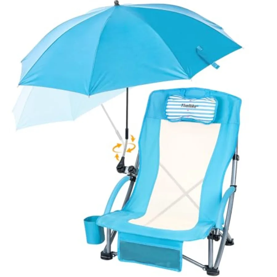 Beach Chair with Umbrella, Breathable Mesh, Navy Blue, Comfortable for Long Use