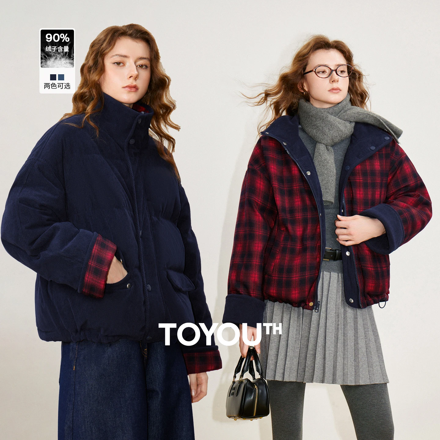 TOYOUTH Women 90% White Duck Down Jacket 2025 Winter New Retro Corduroy Plaid Fluffy Double Side Warm Jacket