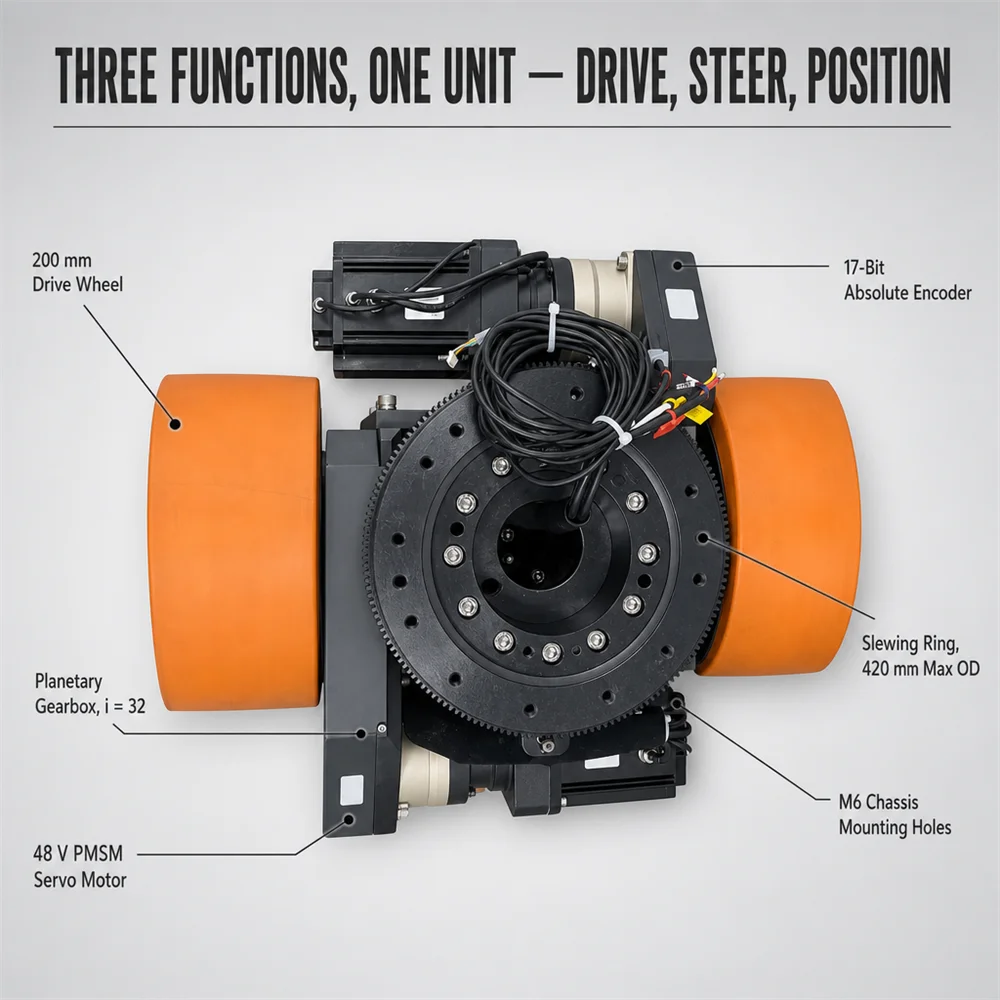 CD200-SM07530BGZ 1000kg Load AGV Forklift Drive Wheel 200mm Differential Steering 48V 1000W Servo Motor 28:1 Ratio