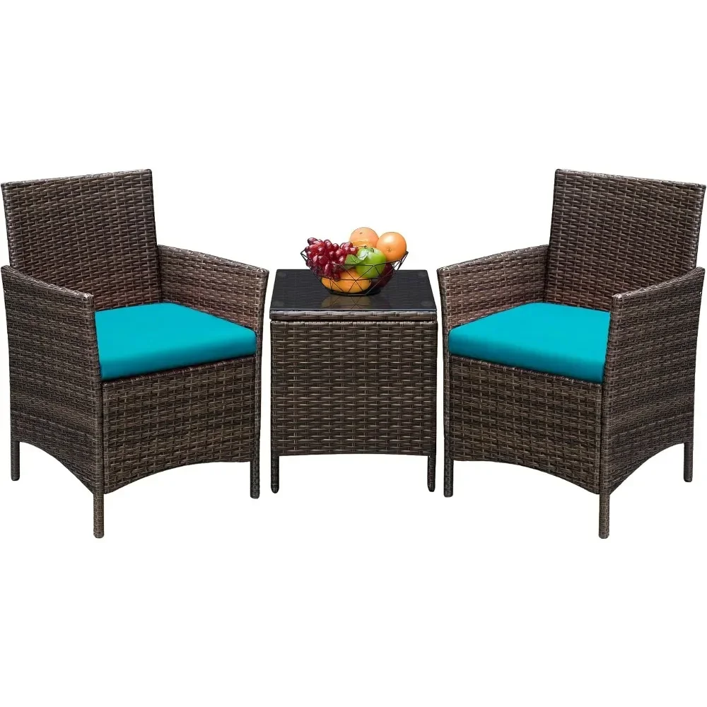 3 Pieces Patio Furniture Sets Outdoor PE Rattan Wicker Chairs with Soft Cushion and Glass Coffee Table for Garden Backyard Porch