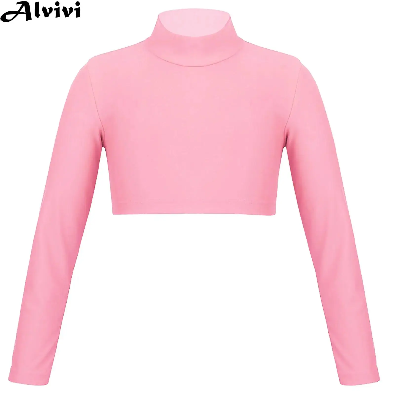 

6-16Y Girls Hip Hop Jazz Street Dance Crop Top Gymnastics Fitness Sports Workout Costume Long Sleeve Mock Neck T-shirt Dancewear