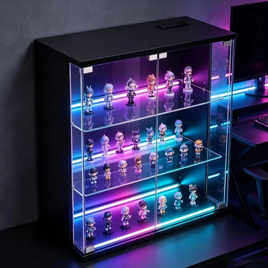 Display Cabinet for Living Room, Tempered Glass, White, 3-Tier Curio Cabinet with Adjustable Shelves and Built-in LED Light view 3