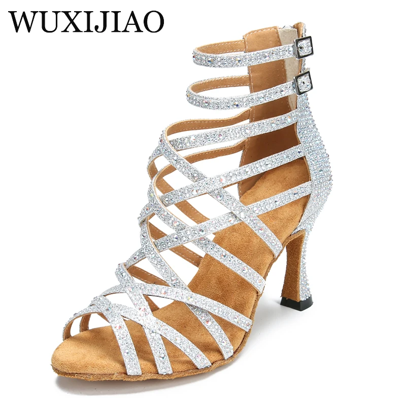 WUXIJIAO Latin Dance Shoes Gold Silver Black Ballroom Dance Shoes Platform New Wide Party Square Shoes Women\'s High Heels