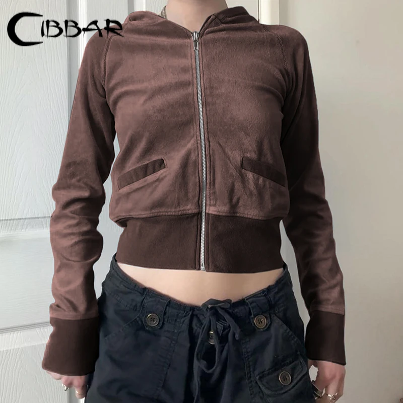 CIBBAR Vintage Stitching Cropped Hoodies Spring Autumn Full Sleeve Zip Up Hooded Sweatshirts for Women Streetwear Y2k Coats Lady