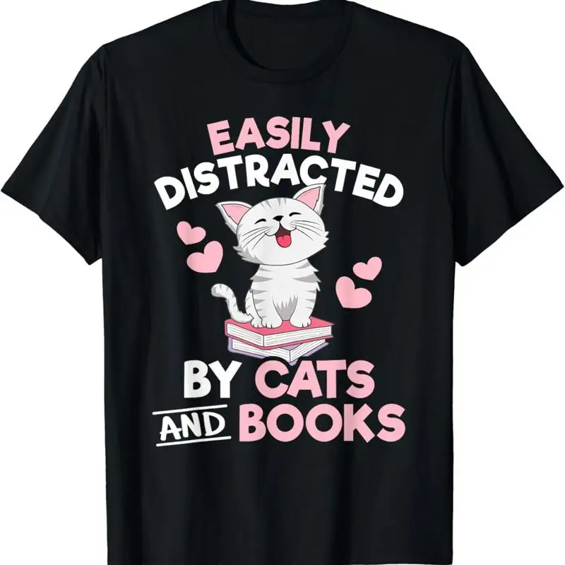 Facilmente Distratto Da Gatti E Libri. Maglietta Per Amanti Dei Libri Con Gatti Carini.