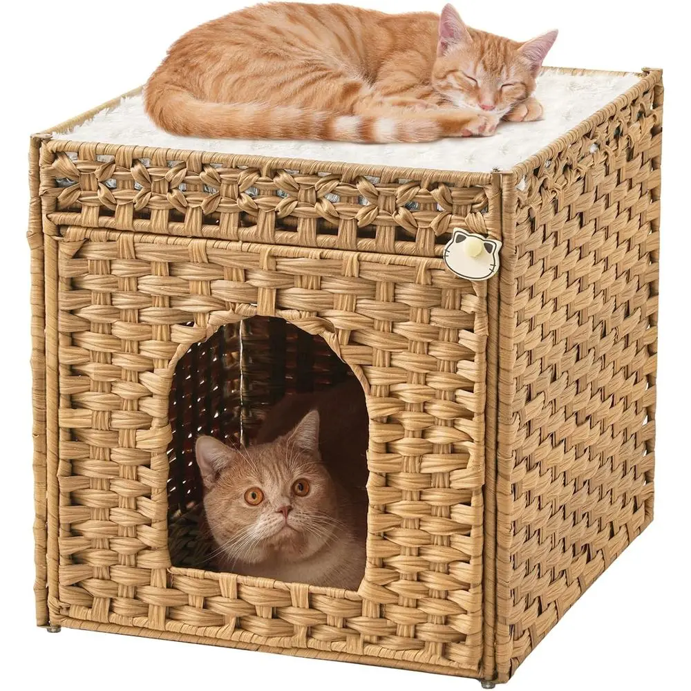 

Extra Large Double Cat Cave, Handwoven Rattan Pet House with Double-Sided Sofa Cushions, 18.5 x 20.5 x 19.1, Natural Living Room