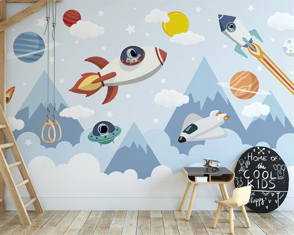 beibehang Customized modern nordic papel de parede cartoon space rocket planet astronaut children's room background wallpaper