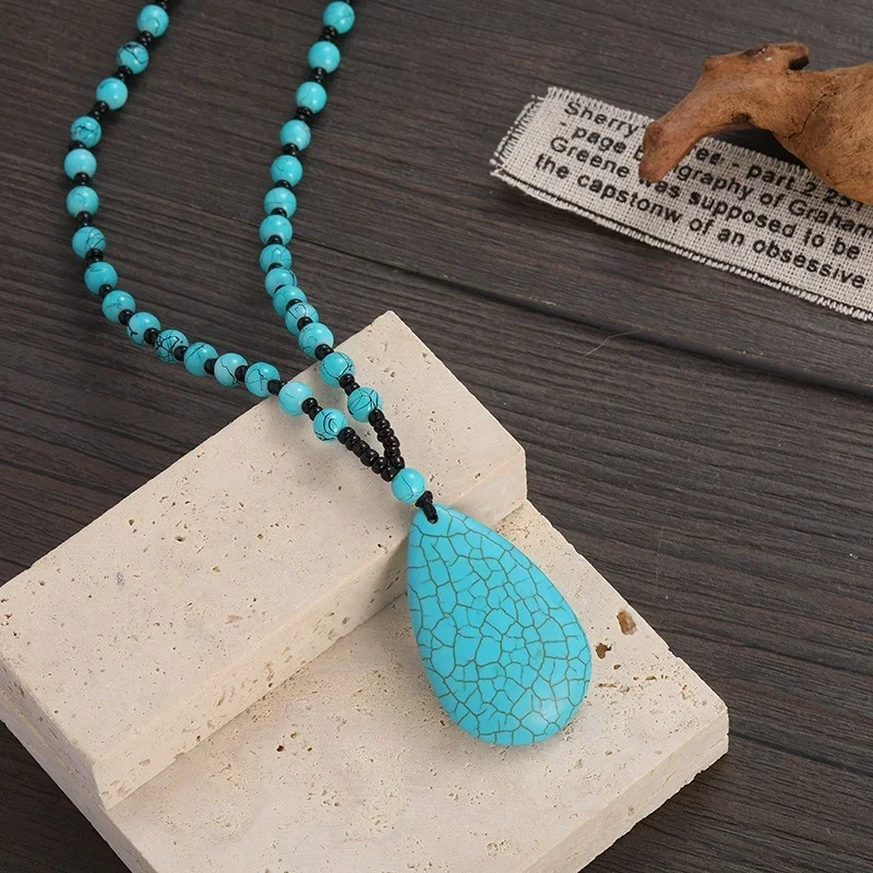 Natural Orchid Turquoise Brushed Glass Bead Necklace Retro Turquoise Water Drop Pendant Ethnic Jewelry Women\'s Necklace