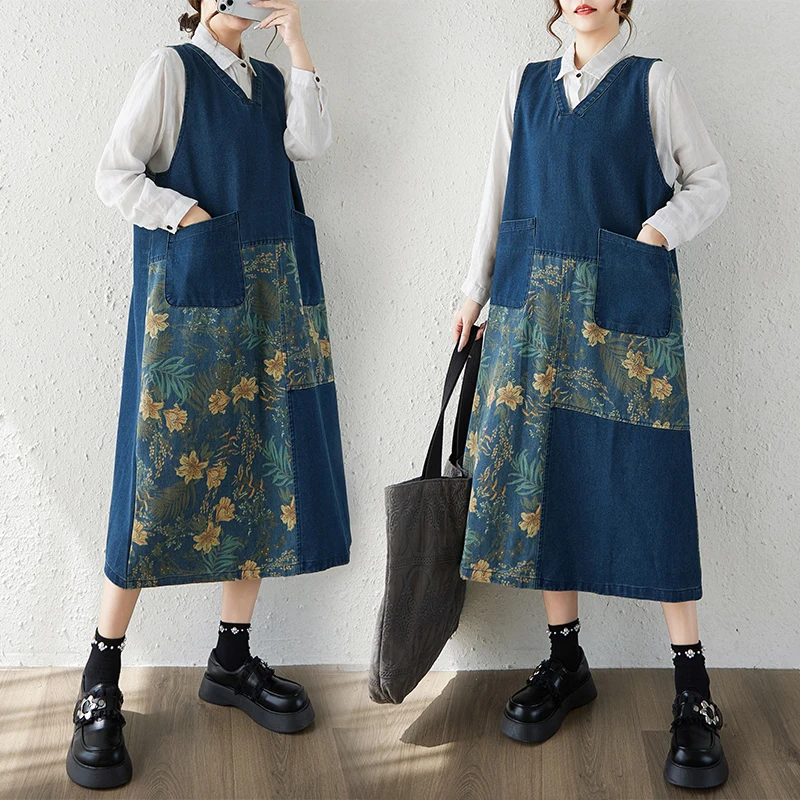 

Джинсовое платье длиной до колена с v-образным вырезом и асимметричным принтом, длинное повседневное хлопковое платье, юбка трапециевидной формы с высокой талией для женщин