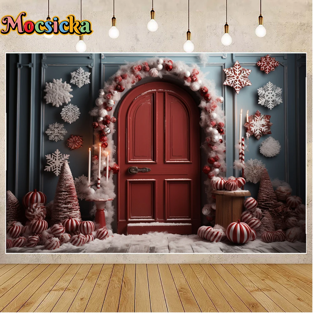 Mocsicka พื้นหลังสำหรับฤดูหนาวสำหรับถ่ายภาพคริสมาสต์ประตูลูกอมสีแดงต้นไม้คริสต์มาสวันหยุดงานปาร์ตี้ครอบครัวถ่ายภาพฉากหลังสตูดิโอ