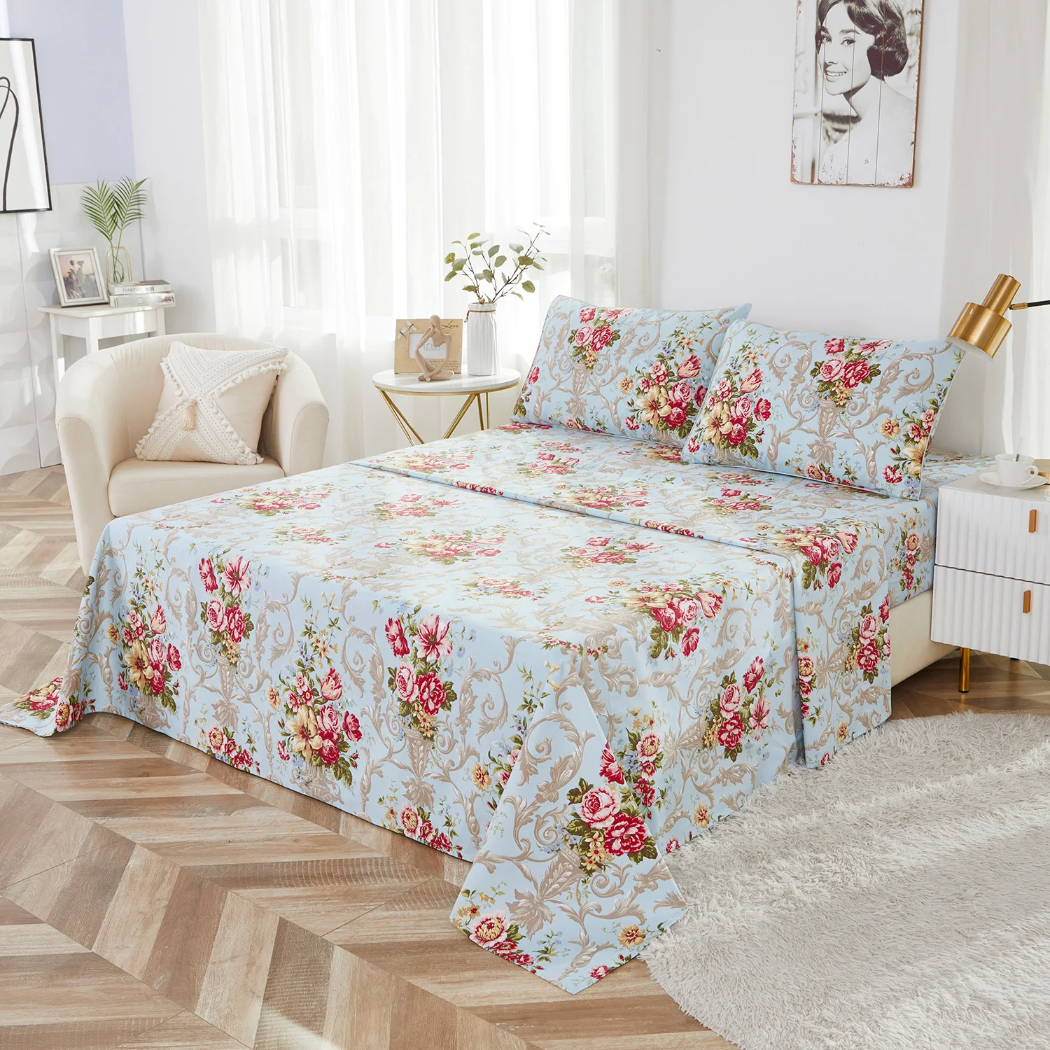 طقم ملاءات مكون من 4 قطع 600 TC 100% قطن (بدون قلب)، وردة حمراء عتيقة باللون الأزرق الفاتح، ناعمة قابلة للتنفس وصديقة للبشرة