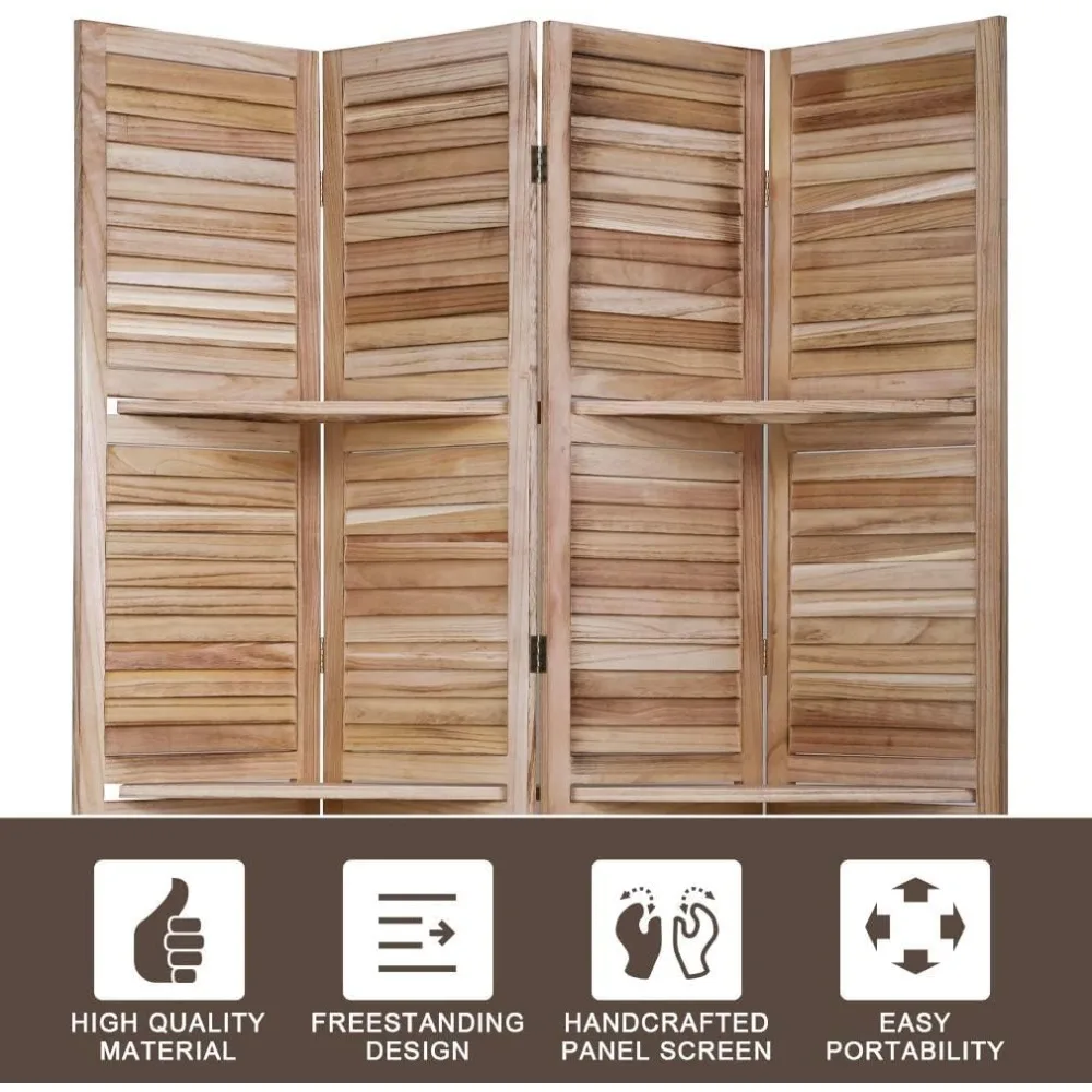 Room Divider Folding Privacy Wooden Screen with Three Clever Shelf Portable Partition Screen Screen Wood for Home Office