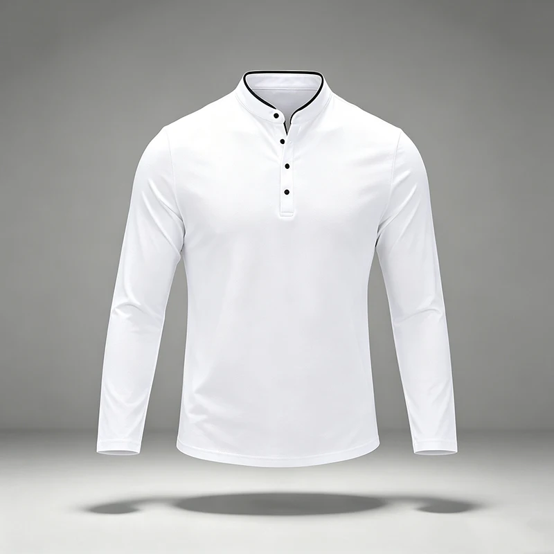 Herren Polohemden mit Stehkragen, halber Knopfleiste, langen Ärmeln, vier Knöpfen, Henley-Stretch, knitterarm, für den Alltag, Freizeitoberteile – Detail 10