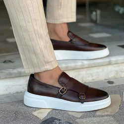 Sapatos vulcanizantes artesanais para homens, sapatos de monge fivela dupla, sapatos preguiçosos pretos de deslizamento