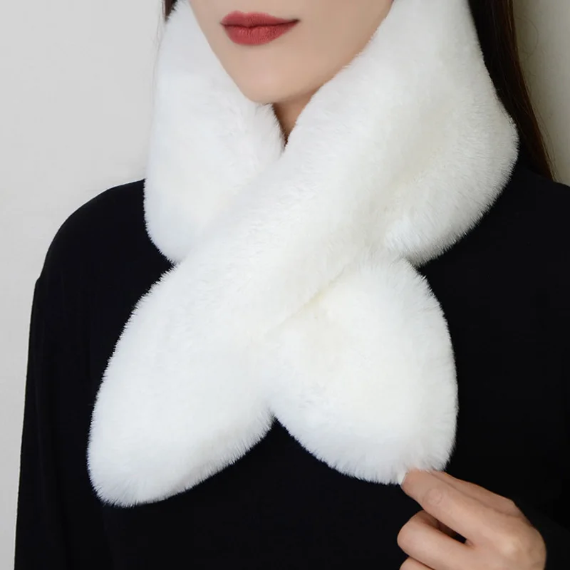 Winter Thicken Warm Cross Scarf Women Soft Faux Rabbit Fur Collar Neck Protection Shawl Solid Color Plush Wrap Warmer Scarves