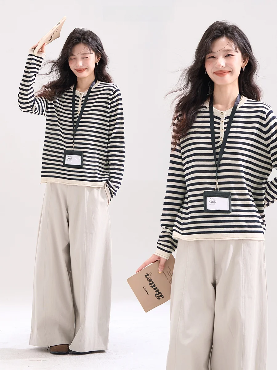 

Heme Knitwear Casual round Neck Long Sleeve Women's Top Half Buttoned Striped Pattern Spring Fashion Commute Style Loose Fit