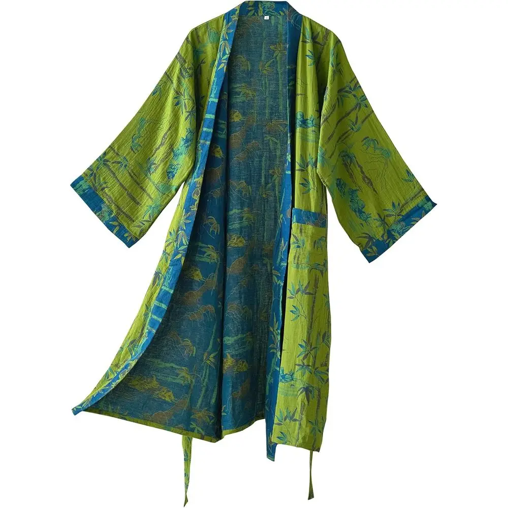 Bata Kimono de Gasa 100% Algodón con Estampado de Ginkgo, Bata de Baño Larga y Holgada de Punto, Camisón o Ropa de Dormir para Mujer