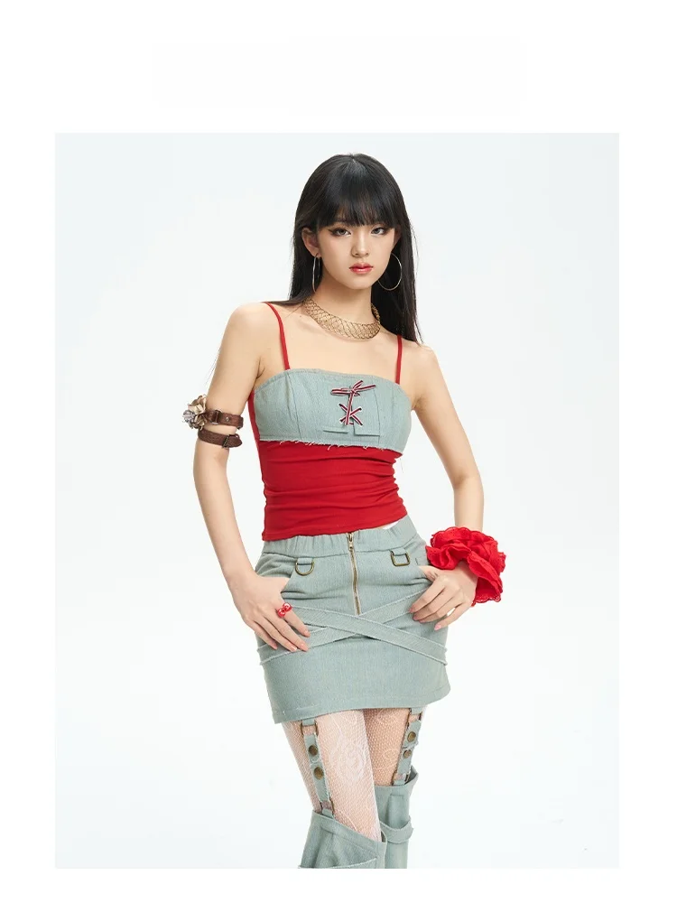 

Stered Plaid Denim Strap Crop Top Sweet Sle Thin Cotton Blend Spring Summer ort Length Pullover for Young Women