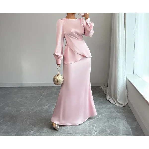 Abito da donna rosa 2025 Primavera Autunno Moda semplice Girocollo Manica lunga Cravatta in vita Abiti finti in due pezzi Gonna da donna da ufficio