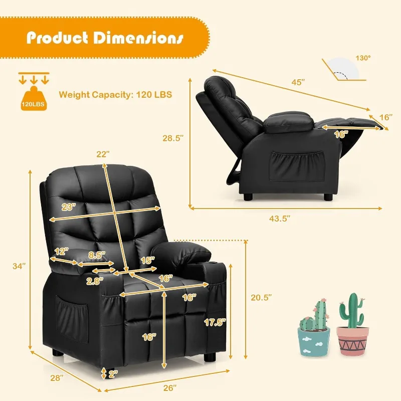 Kids Recliner Chair with Cup Holder, Adjustable Leather Lounge Chair w/Footrest & Side Pockets for Children Boys Girls