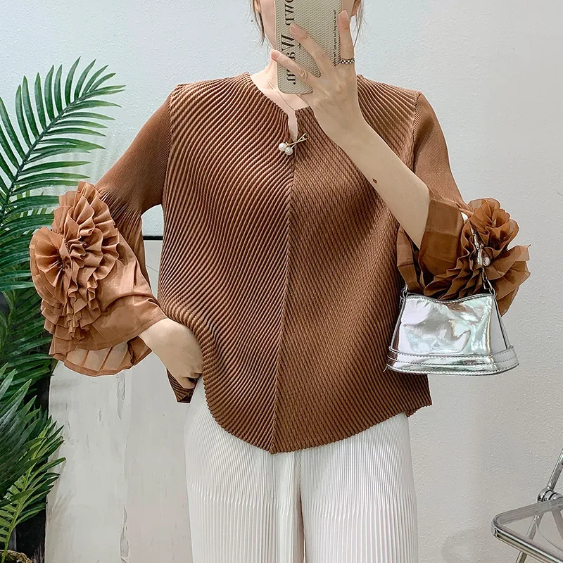 

Miyake Pleated Applique Solid Colour Women's Tops 2025 Summer New Premium Sense Fashion Casual Loose Peplum T-Shirt