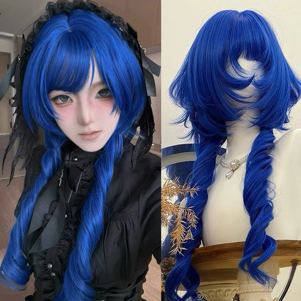 Blue Jellyfish Head Wigs with Bangs Synthetic Long Wavy Cosplay Layered Natural Wig for Women Daily Party Halloween Wear