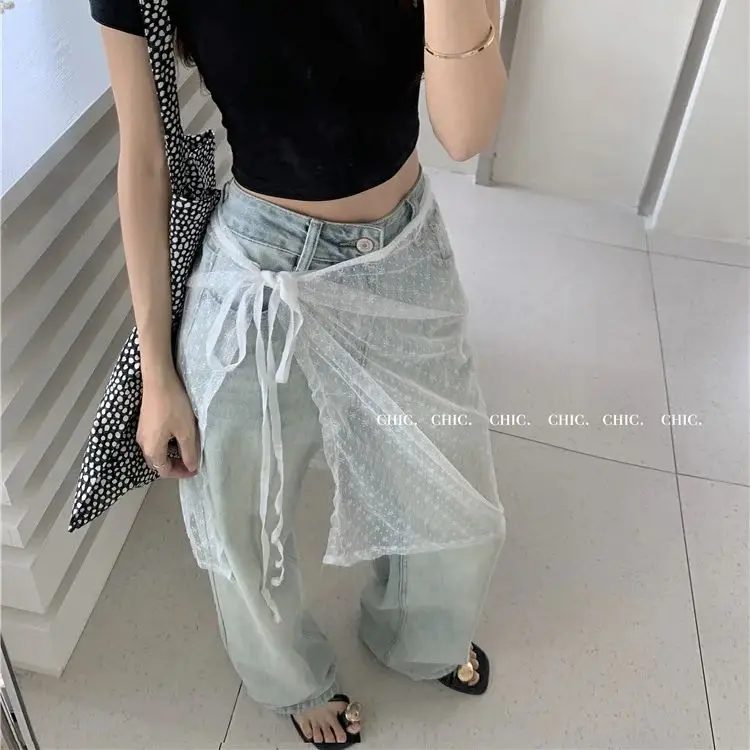 Retro personalized lace mesh apron loose versatile jeans trousers women'S fashion Lace Patch Denim Pants