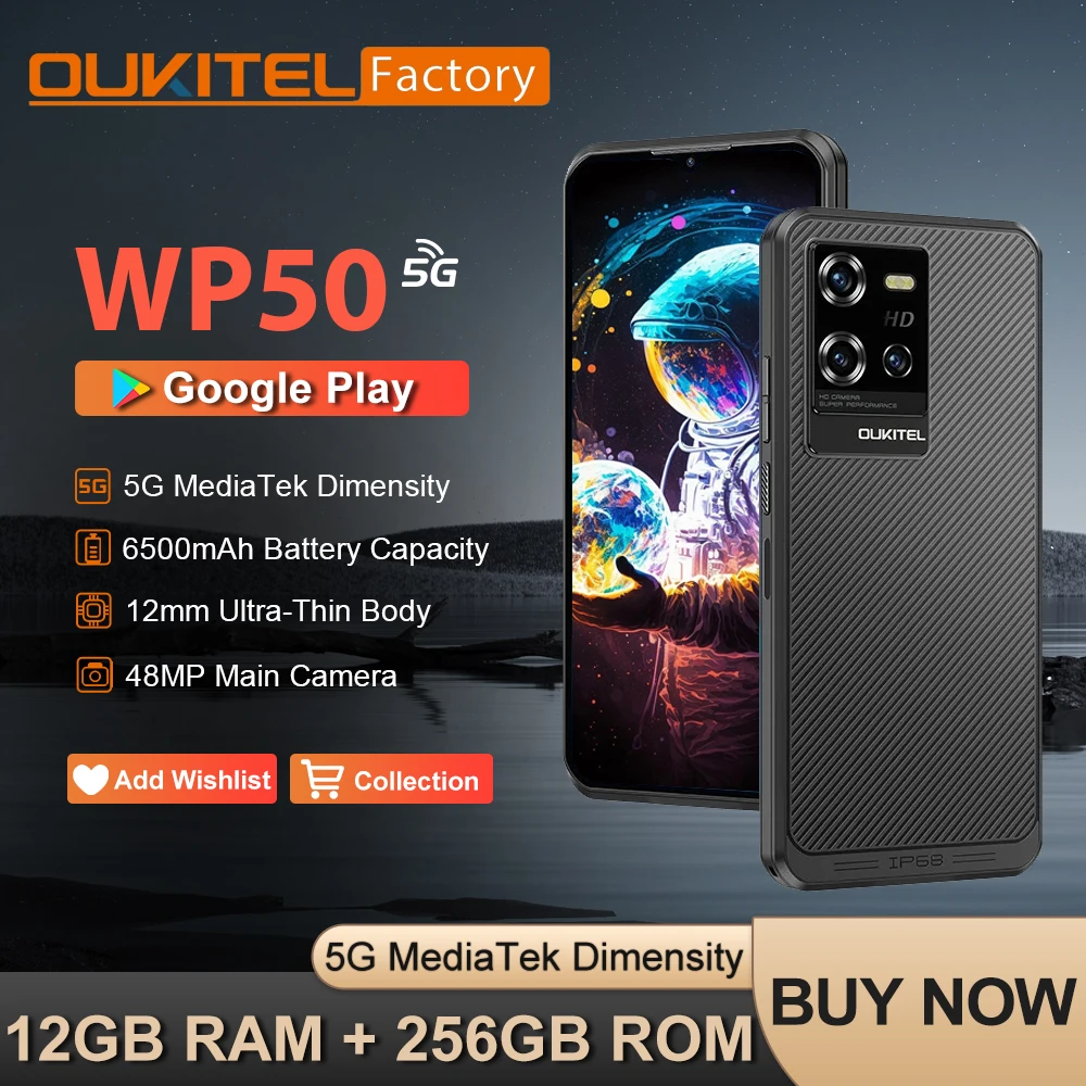 Прочный смартфон Oukitel WP50 5G, 12 ГБ + 256 ГБ, 6500 мАч, Android 14 6,60 дюйма, HD + 48 МП, NFC, сотовый телефон