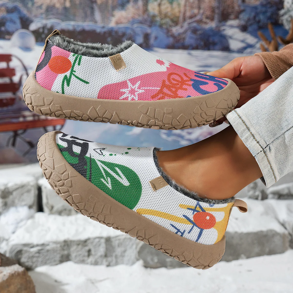 Damen Winter Slip-on Freizeitschuhe Graffiti-Obermaterial Fleece-gefüttert Rutschfeste Dicke Sohle Warme Outdoor-Wanderschuhe – Detail 7