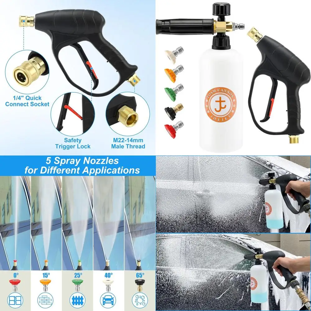 

Pressure Washer Gun with Foam Cannon, Car Wash Foam Gun with 1/4” Quick Connector, 5 Pressure Washer Nozzle Tips, 1 Liter