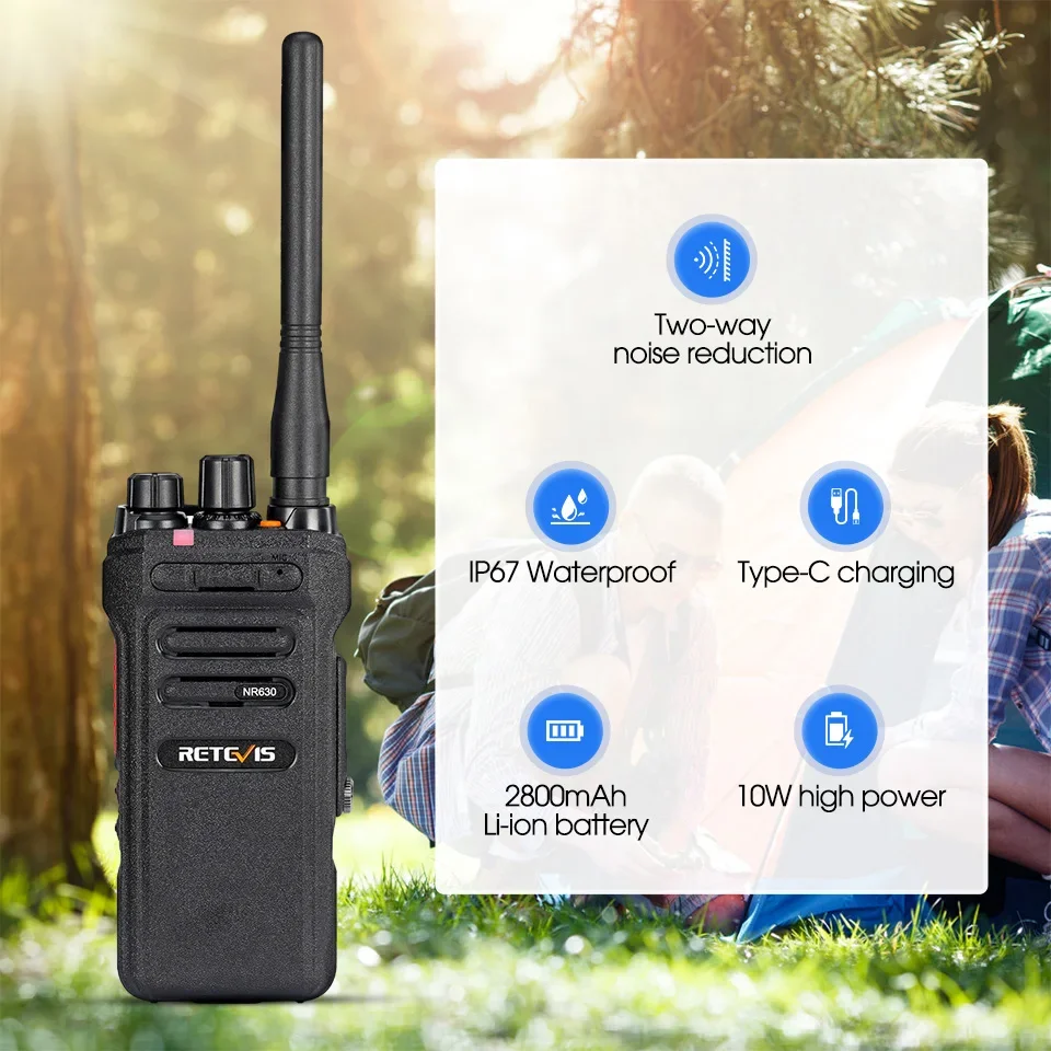 Retevis 10W High Power Walkie Talkie NR630 Two-way Noise Reduction Walkie-talkie IP67 Waterproof Two Way Radio Type C Charger