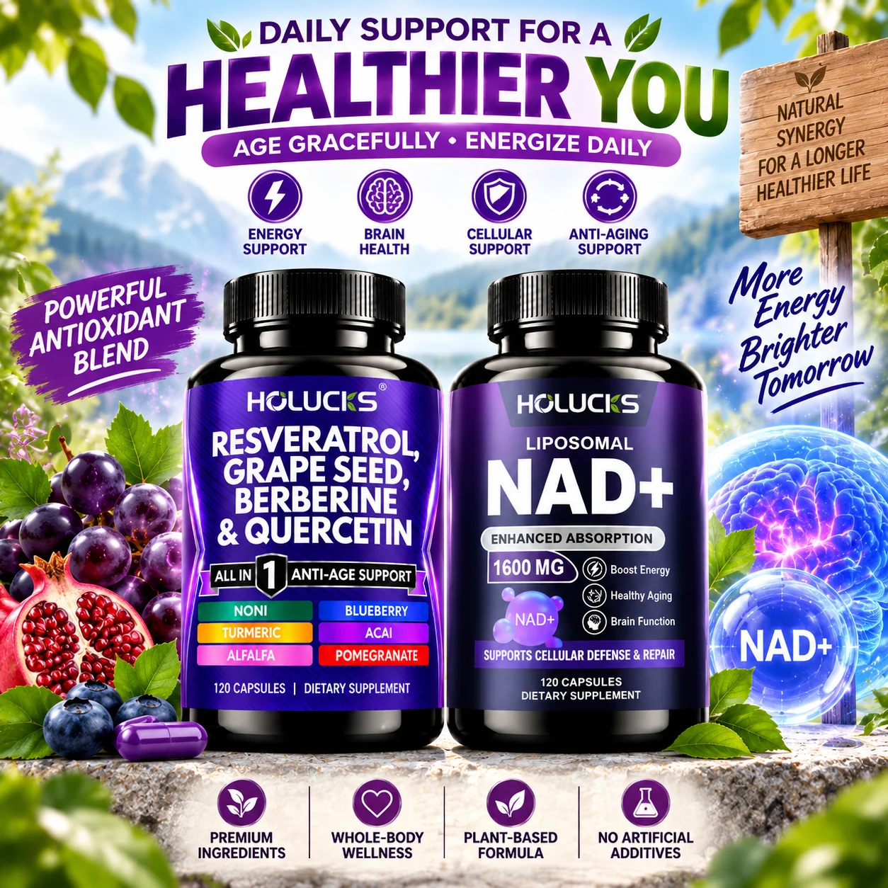 Anti-Aging Supplement, Liposomal NAD+, Resveratrol, Grape Seed, Berberine, Quercetin, Antioxidant, Brain Health,Cellular Support