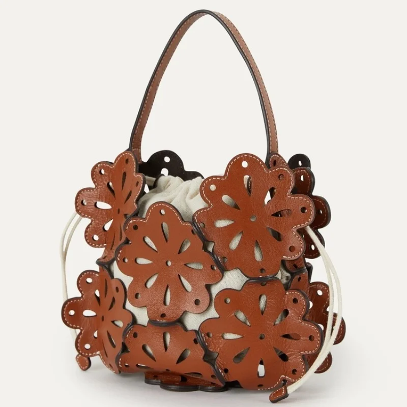 

2025 Summer New Trendy Patch Splicing Design Luxury Handbags Women's Fashion High Quality Hollow Out Small Drawstring Bucket Bag