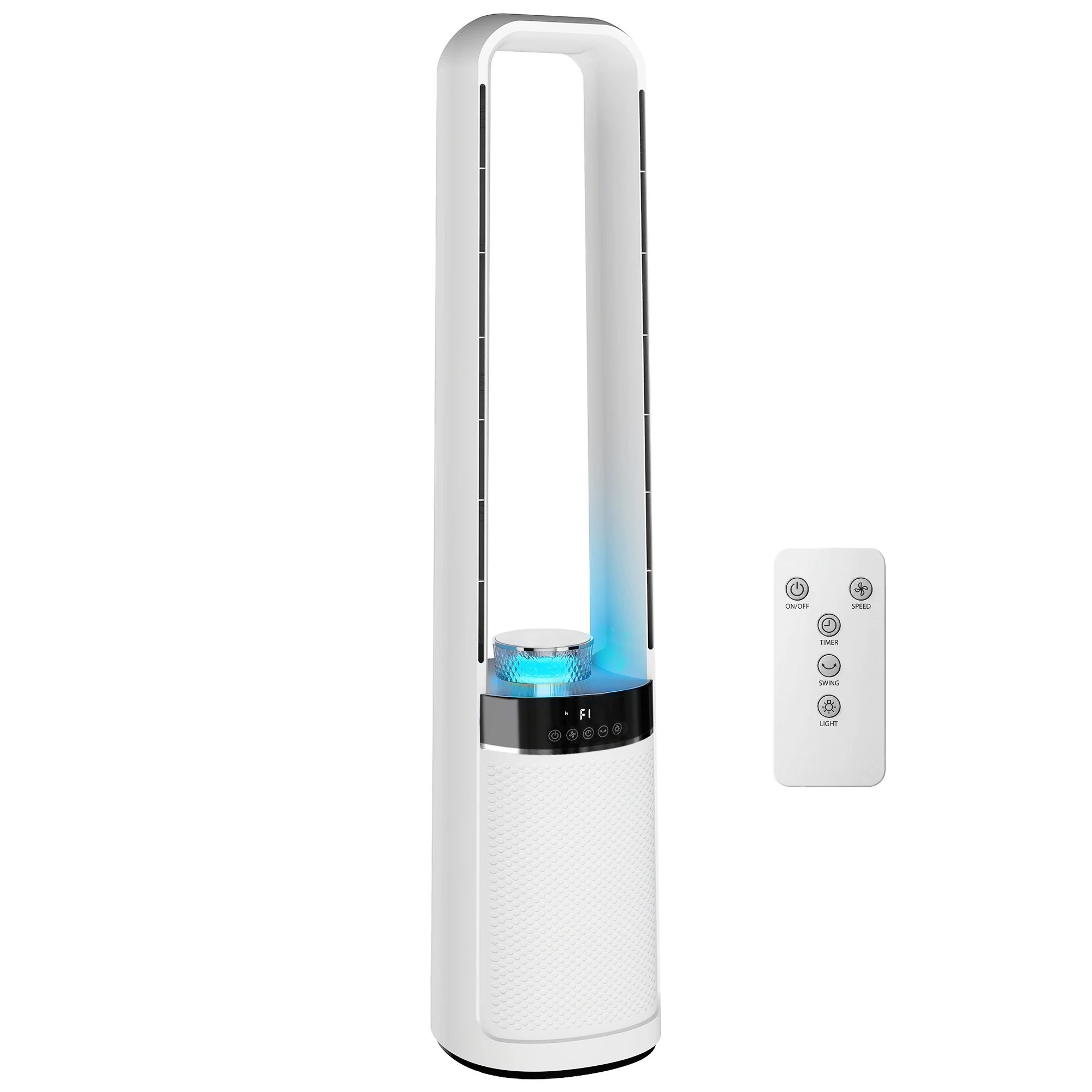 Ventilador de torre sin aspas, oscilación de 45°, luz LED, 3 velocidades, temporizador de 12 horas, control remoto, ventilador eléctrico, refrigerador, ventilador de piso